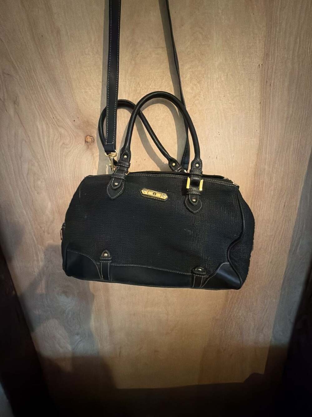 Etienne Aigner Black Canvas Leather Trim Satchel Shoulder Bag